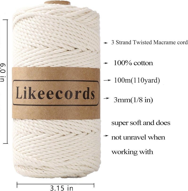 Likeecords 2 Rolls of Cotton Macrame Cord 3mm x 100m, 3 Strand Twisted, Macrame Rope, Macrame String Cotton Yarn, Macrame Yarn Craft Cord for Knitting Plant Hangers Christmas Décor (Natural White) - Image 2
